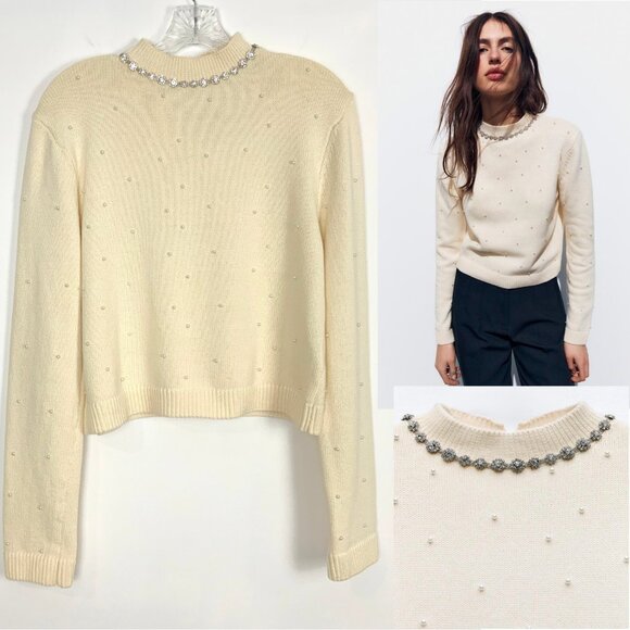 Zara Sweaters - New Zara Knit Sweater with Jewel Beads and Pearls Size Medium